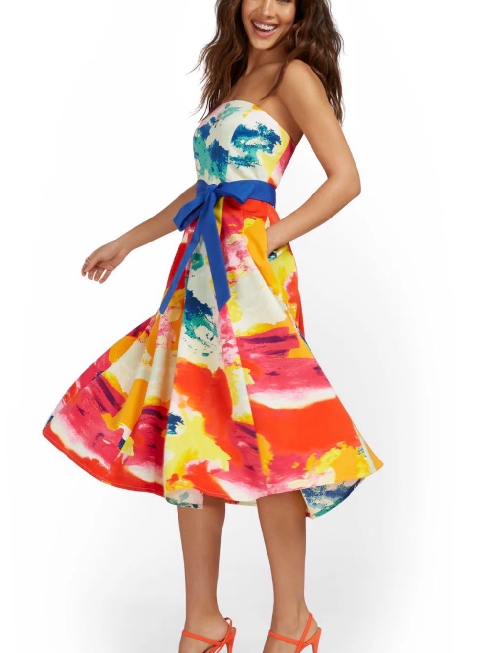 NWT NY & Co Strapless Watercolor A-Line midi Dress with Blue Waist Sash Sz 14
